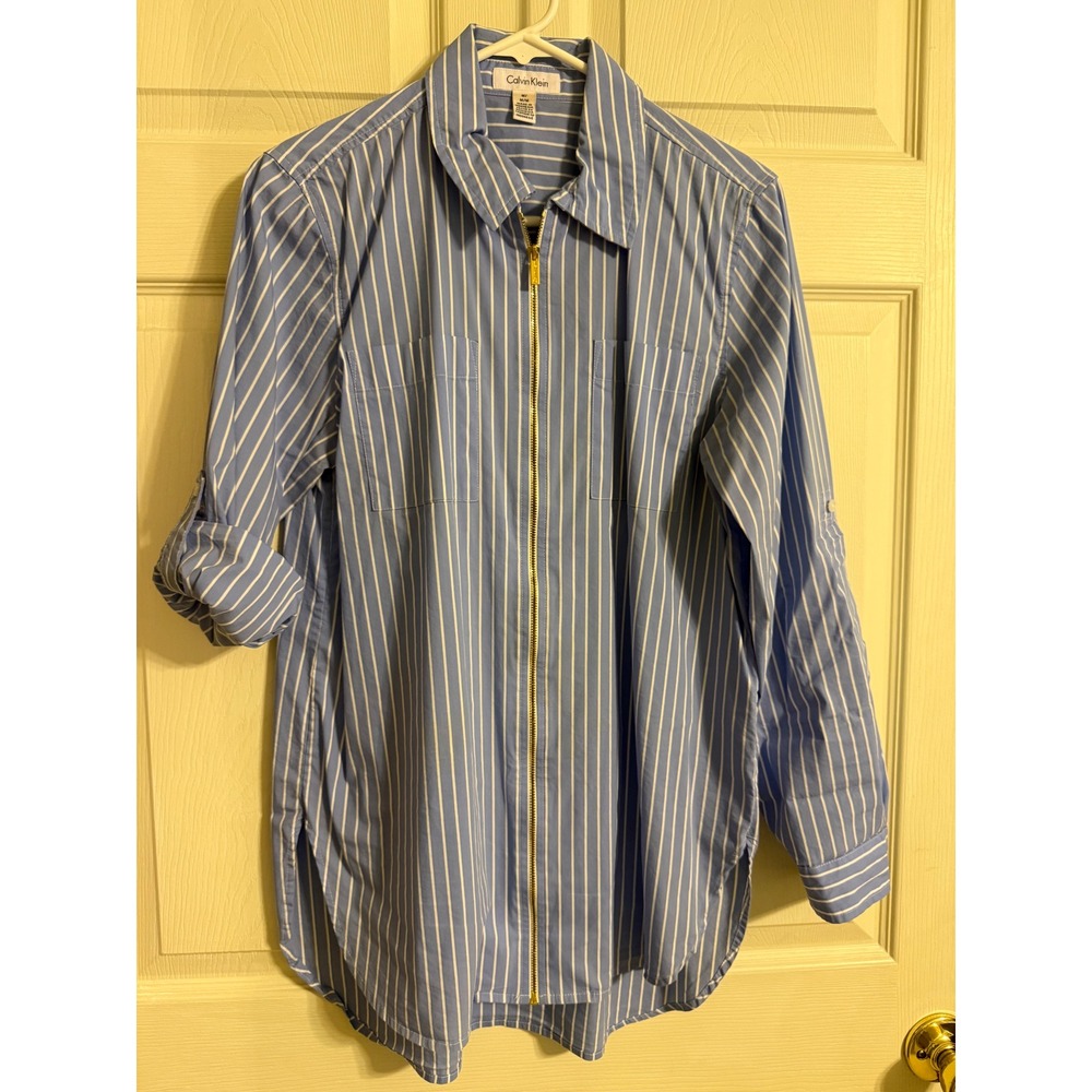 Calvin Klein Womens Blue White Striped Zip Front Roll Tab Sleeve Tunic Blouse M